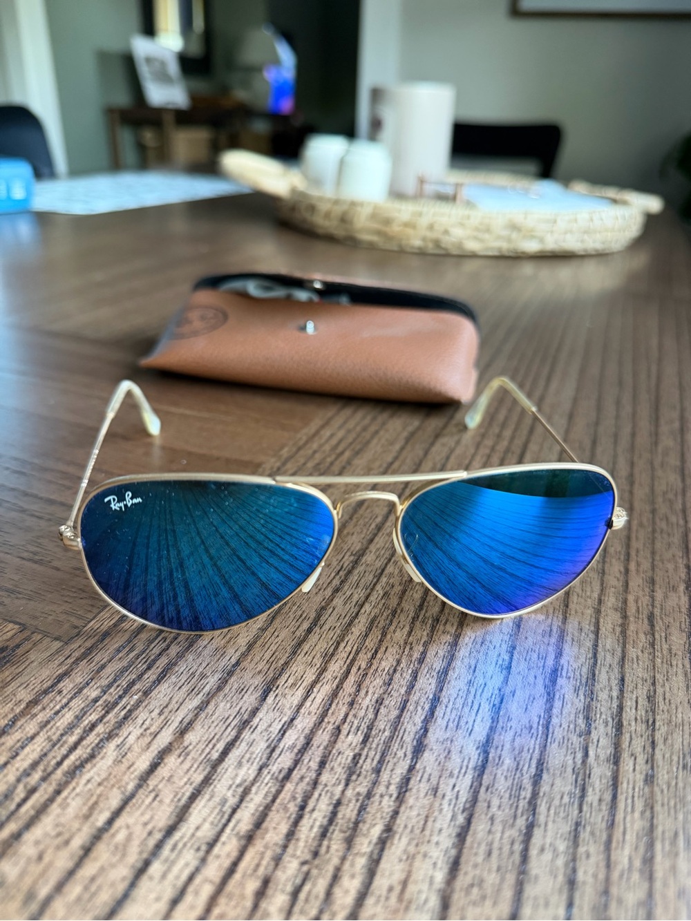 Ray-Ban Gold Frame Sunglasses with Blue Lenses